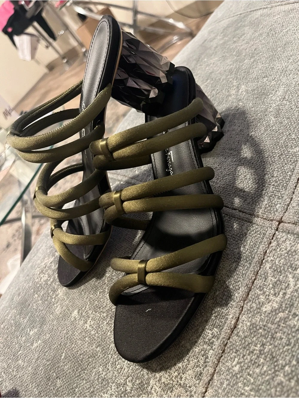 Salvatore Ferragamo Olive Satin Multi-Strap Slide Heels #designer
